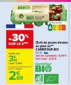 Car cofane  BIO  -30%  SUR LE 2 ME  Vendu seul  3%  L'anuf: 0,39 €  Le 2 produt  269  BIO  Carrefour  BIO  AB  NUTRI-SCORE  ABCDE  CEufs de poules élevées en plein air CARREFOUR BIO  Par 10.  Soit les