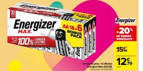 93  Energizer  MAX.  LONGER  100% LASTING  UP TO DON APSOU  Energizer  AA 18+6  BONUS PACK  AA 18+6 PARER  Ene  Energizer Energizer  Energizer  Lot de 18 piles + 6 offertes Energizer Max AA/LR6 Lot Ex