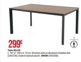 299€  table belize  l 161 x 100 x h 74 cm. structure noire en aluminium imitation bois (2452736). existe le fauteuil assorti: 69€90 (2452558) 