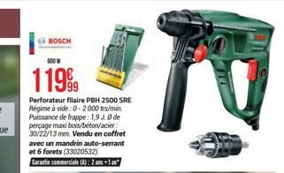 BOSCH  600 W  119  Perforateur filaire PBH 2500 SRE Régime à vide: 0-2000 trs/min. Puissance de frappe: 1,9 J. Ø de perçage maxi bois/béton/acier 30/22/13 mm. Vendu en coffret avec un mandrin auto-ser