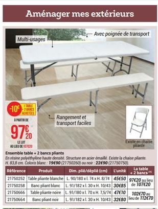 Aménager mes extérieurs  Multi-usages  -10-2  A PARTIR DE  ACHETEES  97%  LE LOT AU LIEU DE 107020  Produit  Référence 21750252 Table pliante blanche 21750258 Banc pliant blanc 21750666 Table pliante 