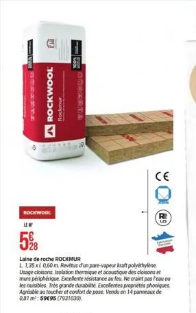 mistrzem  susduro -  1993  a rockwool  rockwool  le mf  598  rockmu  orod  20  laine de roche rockmur  l. 1,35 x l 0,60 m. revêtus d'un pare-vapeur kraft polyethylene usage cloisons. isolation thermiq