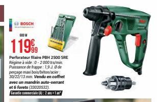 BOSCH  600 W  11999  Perforateur filaire PBH 2500 SRE Régime à vide: 0-2000 trs/min. Puissance de frappe: 1,9 J. Øde perçage maxi bois/béton/acier 30/22/13 mm. Vendu en coffret avec un mandrin auto-se