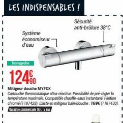 LES INDISPENSABLES !  Système économiseur d'eau  Sécurité anti-brûlure 38°C  hansgrohe  124⁹  I Mitigeur douche MYFOX  Cartouche thermostatique ultra-réactive. Possibilité de pré-régler la température