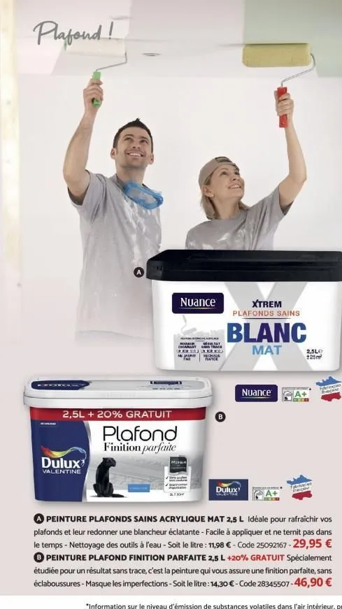 plafond!  2,5l + 20% gratuit  plafond finition parfaite  dulux  valentine  nuance  tay  couvrant sans track **********  munt bechage kance  xtrem  plafonds sains  blanc  mat  dulux valentime  nuance  