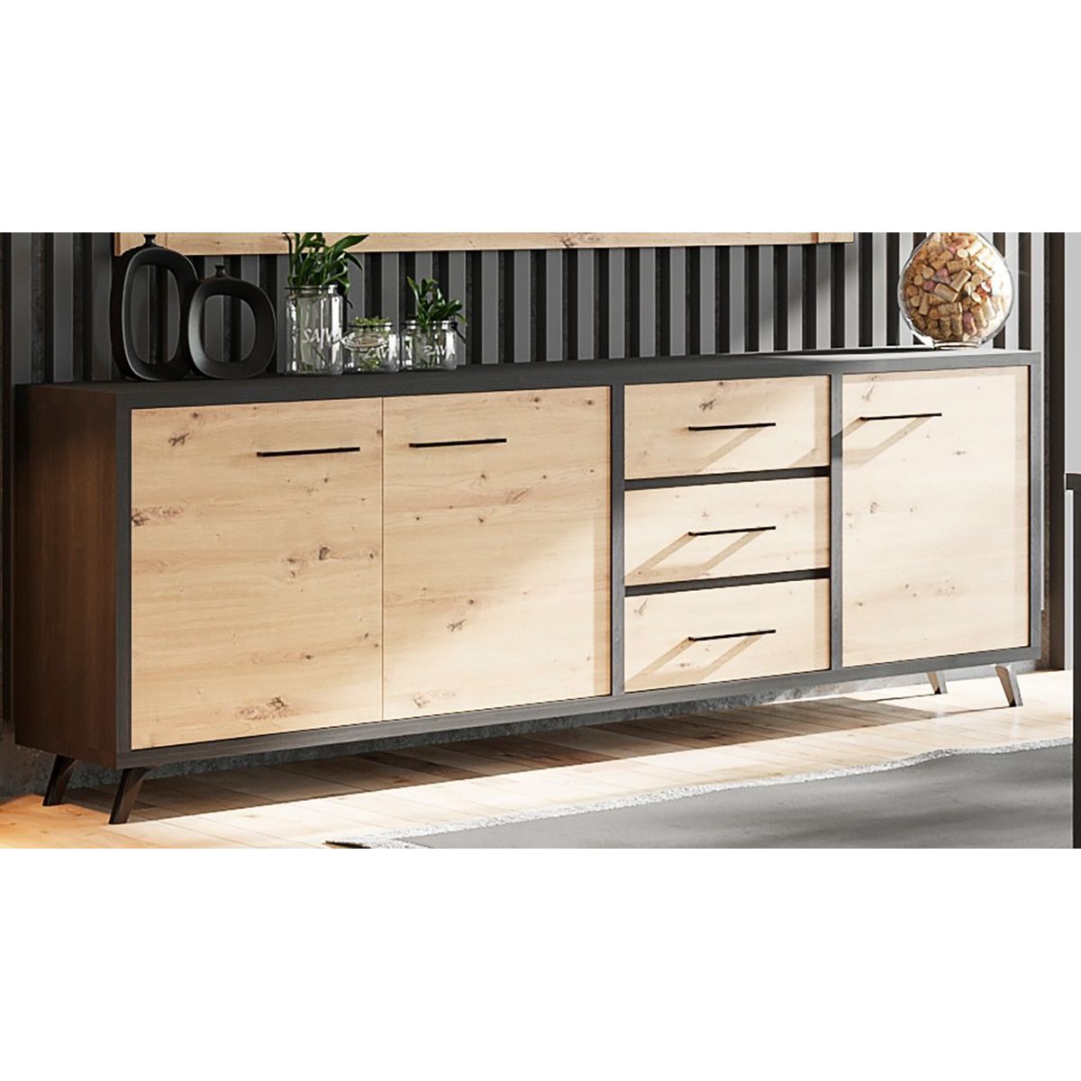 BUFFET MODERNE ESPRIT INDUSTRIEL 3 PORTES 3 TIROIRS L216CM VIVA