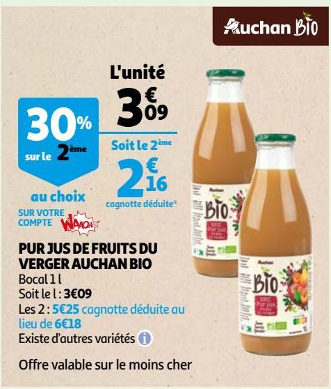 PUR JUS DE FRUITS DU VERGER AUCHAN BIO