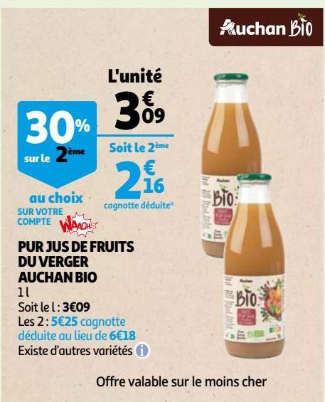 PUR JUS DE FRUITS DU VERGER AUCHAN BIO