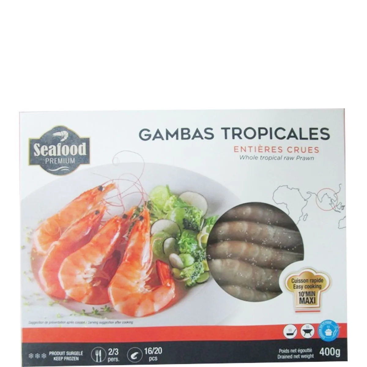 gambas tropicales entières crues surgelées