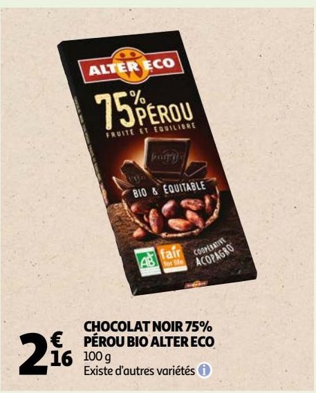 CHOCOLAT NOIR 75% PÉROU BIO ALTER ECO