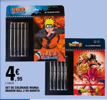 MAND  4€  1,95  L'UNITÉ  SET DE COLORIAGE MANGA DRAGON BALL Z OU NARUTO  SET COLORIAGE MANGA  NARUTO SWAROEN  SET COLORIAGE MANGA  PAGON 