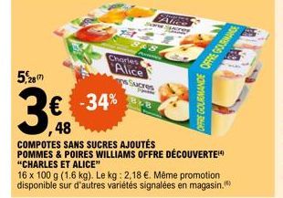 5,28  3€  848  Charles Alice  € -34% 48  COMPOTES SANS SUCRES AJOUTÉS POMMES & POIRES WILLIAMS OFFRE DÉCOUVERTE "CHARLES ET ALICE"  Alice and peres  As  Sucres  828  16 x 100 g (1.6 kg). Le kg: 2,18 €