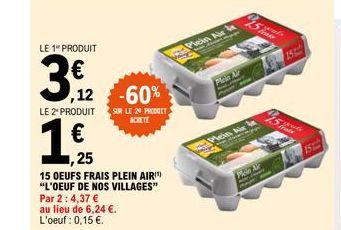 LE 1" PRODUIT  3,9/2  1,€/  ,25  ,12 -60%  15 OEUFS FRAIS PLEIN AIR "L'OEUF DE NOS VILLAGES" Par 2:4,37 €  au lieu de 6,24 €. L'oeuf : 0,15 €.  LE 2* PRODUIT SUR LE 20 PRODUIT  ACHETE  Plein Air  Plei