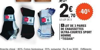 ,70¹  LE LOT DE 3  -40%  5 LOT DE 3 PAIRES DE CHAUSSETTES ULTRA-COURTES SPORT HOMME "TISSAIA" 