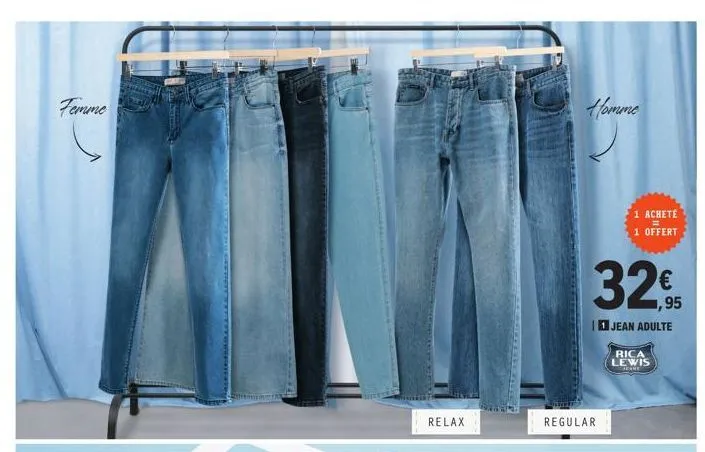 femme  relax  homme  regular  1 achete  1 offert  jean adulte  rica lewis jeane  € ,95  