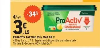 48  -34%  € ,15  proactiv tartine 35% mat.gr.  450 g. le kg : 7 €. egalement disponible au même prix: tartine & gourmet 60% mat.gr.  proactiv  cha  tartine 