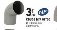 3. NF  ,90  COUDE M/F 67°30 Ø 100 mm env. Coloris gris. 