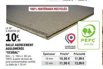 le m²  à partir de  10%  100% matériaux recyclés  épaisseur  19 mm  22 mm  fabrique en france  prix/m²  10,90 €  11,90 €  pefc  10-31-360  prix/unité  11,99 €  13,09 € 