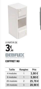 À PARTIR DE  ,90  DEBFLEX  COFFRET NU  Taille  4 modules  6 modules  Rangées  1  1  26 modules 2 39 modules 3  Prix  3,90 €  5,90 € 25,70 € 28,90 € 