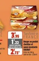 3.95  1.22  odites su carles  daunat  chicken  daunat  transforme en france  2.73 10  saitle :21,94 €  burger au poulet  cheddar et sauce moutarde daunat 