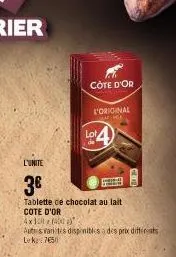 côte d'or  l'unite  3€  tablette de chocolat au lait  cote d'or  4x150 (400)  l'original  lot 4  autres variites disponibles à des prix différents lek: 7650 