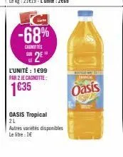 -68%  canottes  sur 2⁰  l'unité : 1€99  par 2 je cagnotte:  1€35  oasis tropical  2l  autres variétés disponibles le litre : 1€  hotla tropical  oasis 