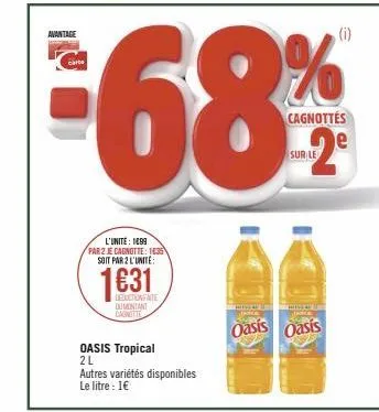 avantage  c  carte  l'unite: 1099  par 2 je cagnotte: 1435 soit par 2 l'unite:  ꭲ  colorante  dumontant  cagnotte  oasis tropical 2l  autres variétés disponibles  le litre : 1€  en u dna thor  oasis o