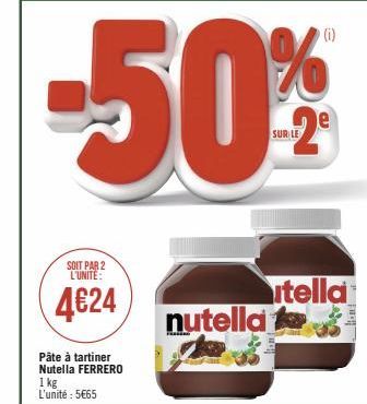 SOIT PAR 2 L'UNITE:  4€24  Pâte à tartiner Nutella FERRERO 1 kg L'unité : 5€65  nutella  utella  840  but 