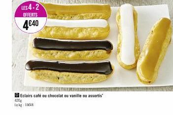 LES 4+2  OFFERTS  4€40  DEclairs café ou chocolat ou vanille ou assortis  420g  Le kg: IDEAR 