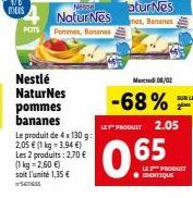 POTS  Nestlé  NaturNes pommes bananes Le produit de 4x 130 g: 2,05 € (1 kg-3.94 €) Les 2 produits: 2,70 € (1 kg 2,60 €) soit l'unité 1,35 €  Nesze  Natur Nes  Pommes, Bananes  LES PRODUIT 2.05  0.65  
