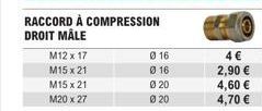 M12 x 17  M15 x 21  M15 x 21 M20 x 27  RACCORD À COMPRESSION DROIT MÅLE  016  016  Ø 20  Ø20  4 €  2,90 €  4,60 €  4,70 € 