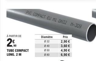 À PARTIR DE  2,⁹0  ,90  TUBE COMPACT LONG. 2 M  PUC COMPACT EU MI DN32 M-309  Diamètre Ø 32  040  Ø 50  080  Prix  2,90 €  3,60 €  4,90 €  6,90 € 