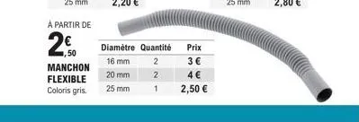 50 manchon flexible coloris gris.  diamètre quantité  2  16 mm 20 mm 25 mm  2  1  prix  3€  4 €  2,50 € 