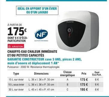 idéal en appoint d'un évier  ou d'un lavabo  à partir de  175€  dont 6 € d'éco-participation  nf  ⓒariston  chauffe-eau chaleur immédiate et/ou petites capacités  type  15 l sur évier  15 l sous évier