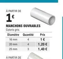 à partir de  1€  manchons ouvrables coloris gris  diamètre quantité  16 mm  20 mm  25 mm  à partir de  4  prix  1 €  1,20 €  1,40 € 