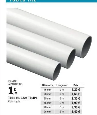 l'unité  à partir de  €  ,20 tube irl 3321 tulipe coloris gris.  diamètre longueur prix  1,20 €  1,60 €  2m 2m 2 m 3m 3m  3m  16 mm  20 mm  25 mm  16 mm  20 mm  25 mm  2,30 € 1,90 € 2,30 €  3,40 € 