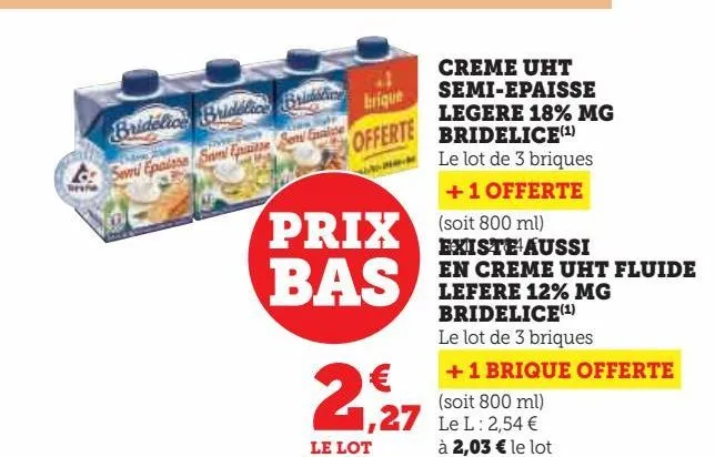 creme uht  semi-epaisse  legere 18% mg  bridelice