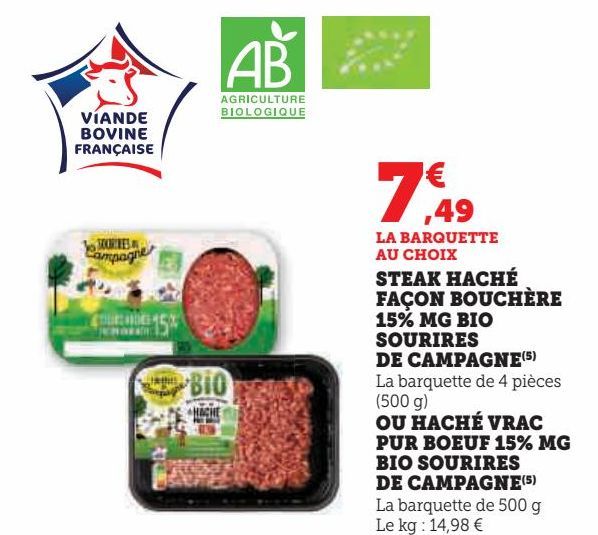 STEAK HACHÉ FAÇON BOUCHÈRE 15% MG BIO SOURIRES DE CAMPAGNE