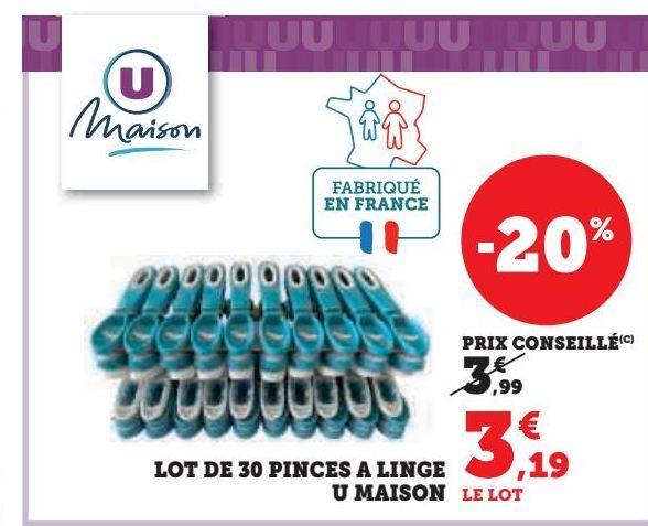 lot de 30 pinces à linge U maison