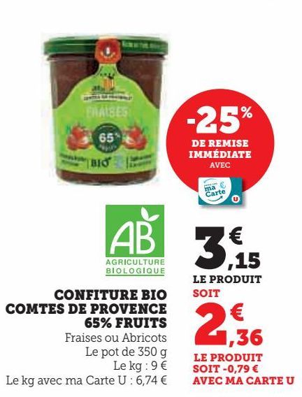 CONFITURE BIO COMTES DE PROVENCE 65% FRUITS