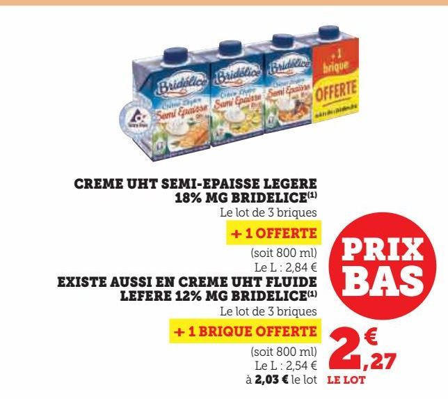 CREME UHT  SEMI-EPAISSE LEGERE  18% MG BRIDELICE