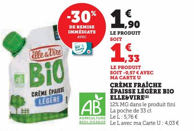 CRÈME FRAÎCHE  ÉPAISSE LÉGÈRE BIO  ELLE&VIRE