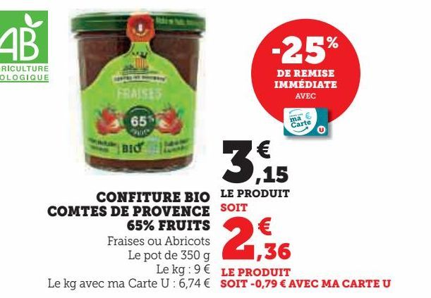 CONFITURE BIO  COMTES DE PROVENCE  65% FRUITS