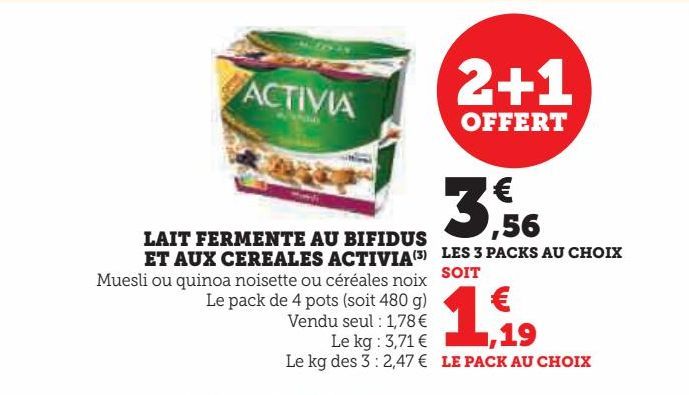 LAIT FERMENTE  AU BIFIDUS ET AUX  CEREALES ACTIVIA