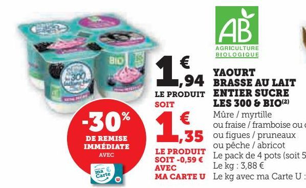 yaourt brasse au lait entier sucre les 300 & bio