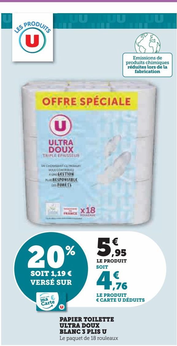 PAPIER TOILETTE  ULTRA DOUX BLANC  3 PLIS U