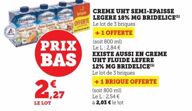 CREME UHT SEMI-EPAISSE  LEGERE 18% MG BRIDELICE