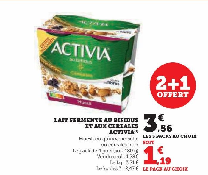 LAIT FERMENTE  AU BIFIDUS ET AUX  CEREALES ACTIVIA