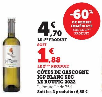 CÔTES DE GASCOGNE  IGP BLANC SEC  LE ROUPIC 2022