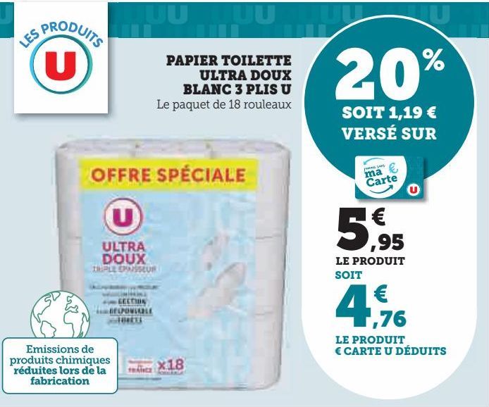 PAPIER TOILETTE  ULTRA DOUX  BLANC 3 PLIS U